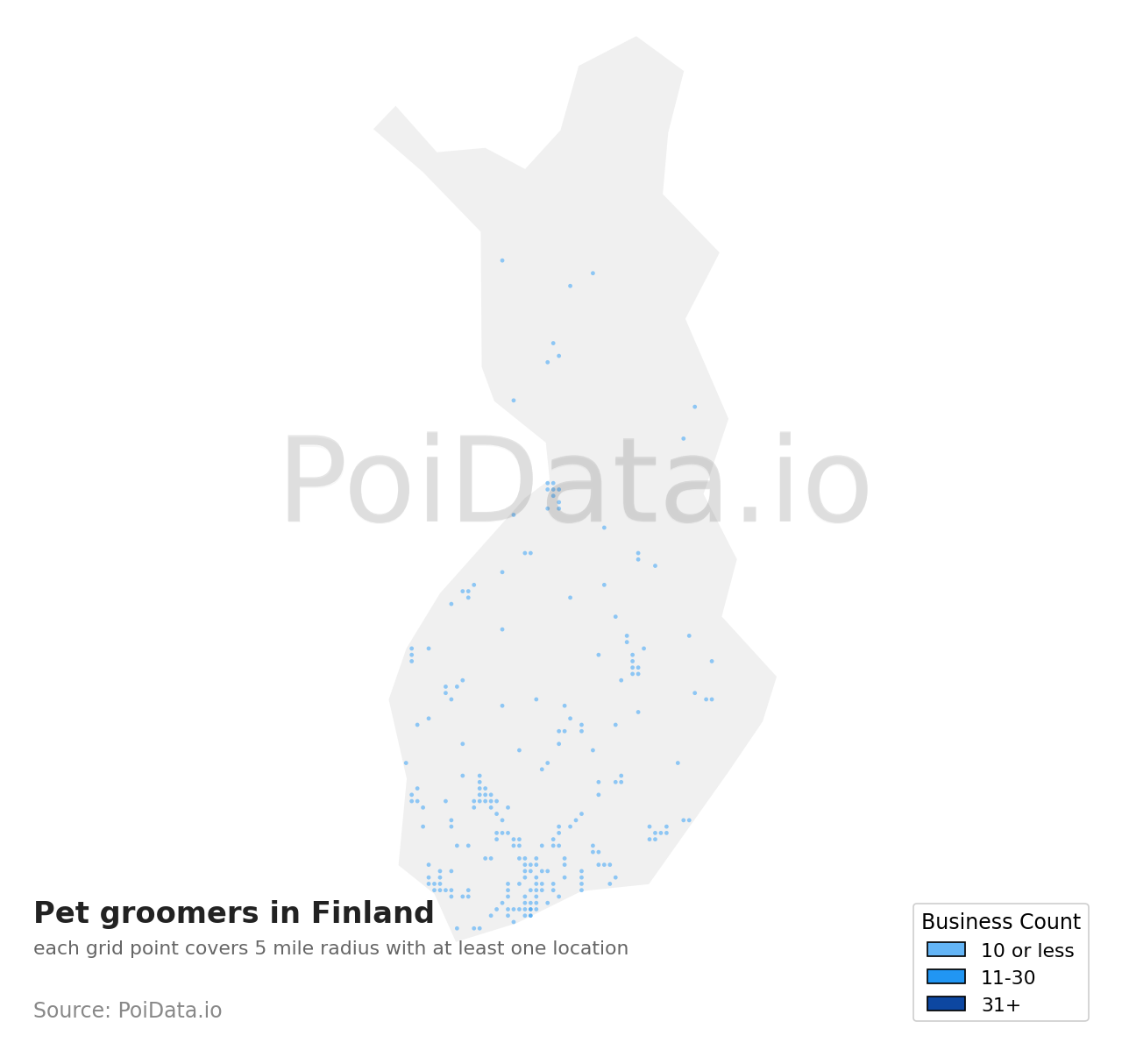 Pet groomer density map for Finland