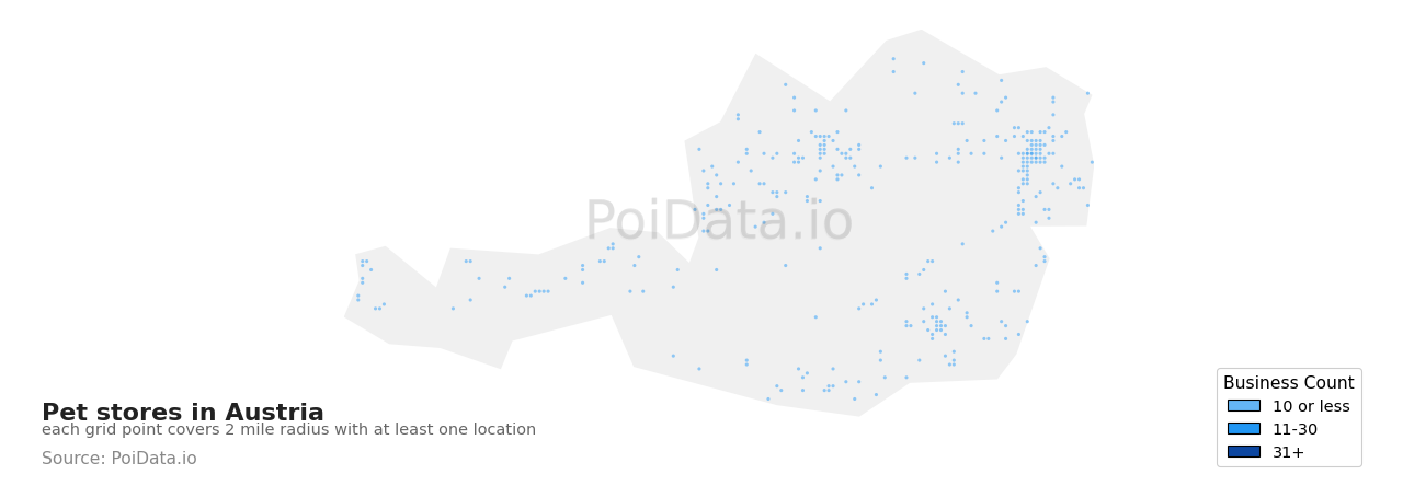 Pet store density map for Austria