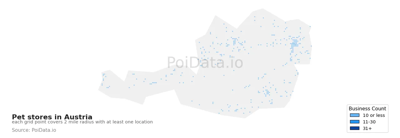 Pet store density map for Austria