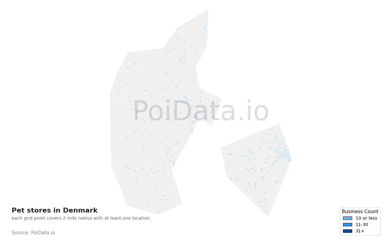 Pet store density map for Denmark