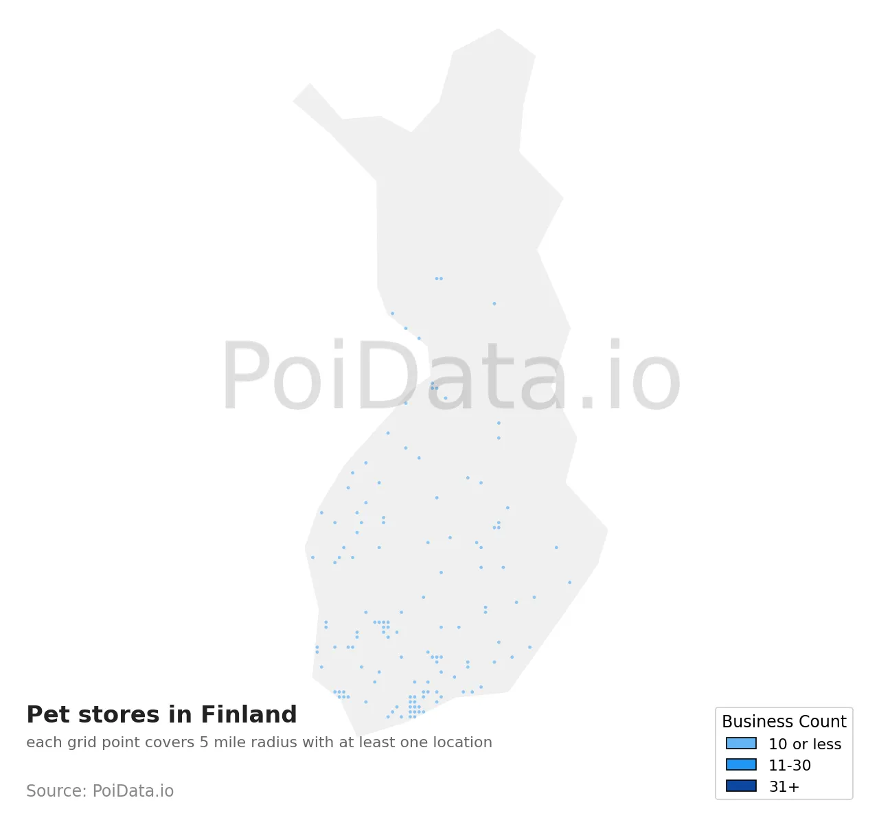 Pet store density map for Finland