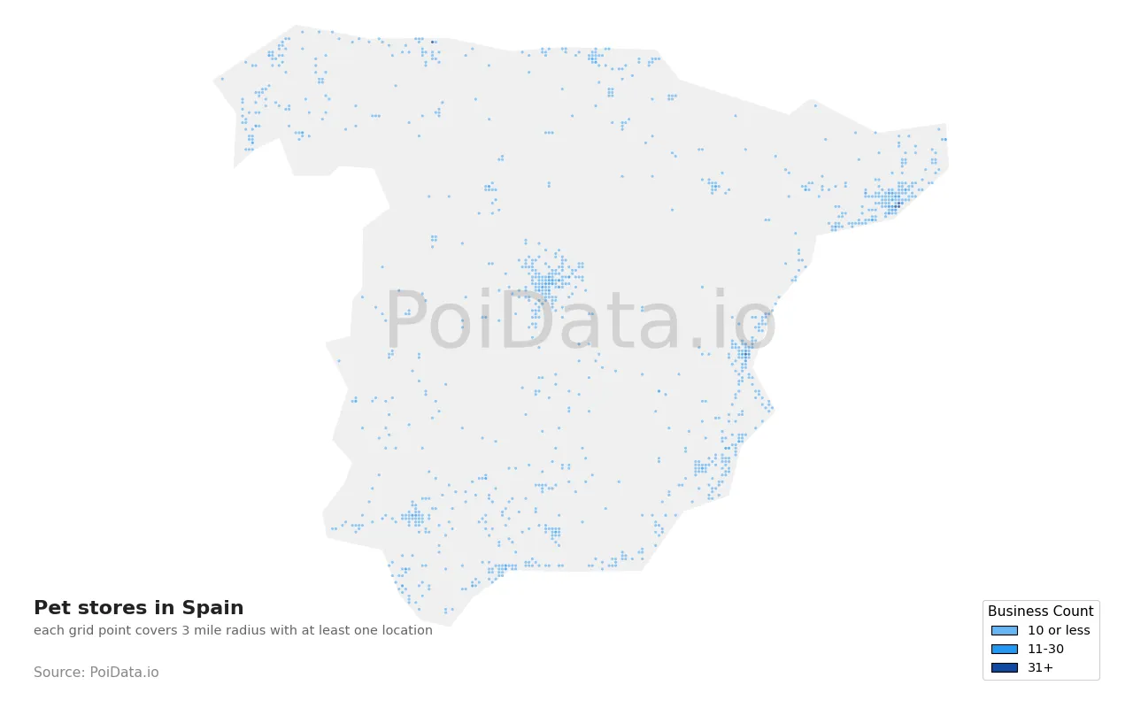 Pet store density map for Spain