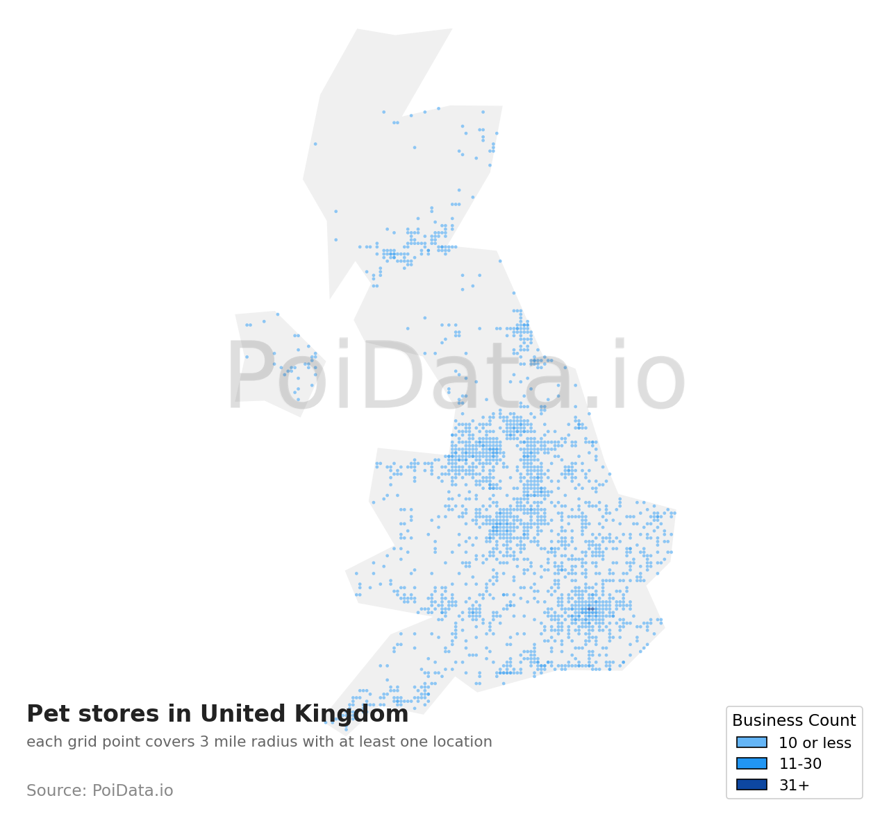 Pet store density map for United Kingdom