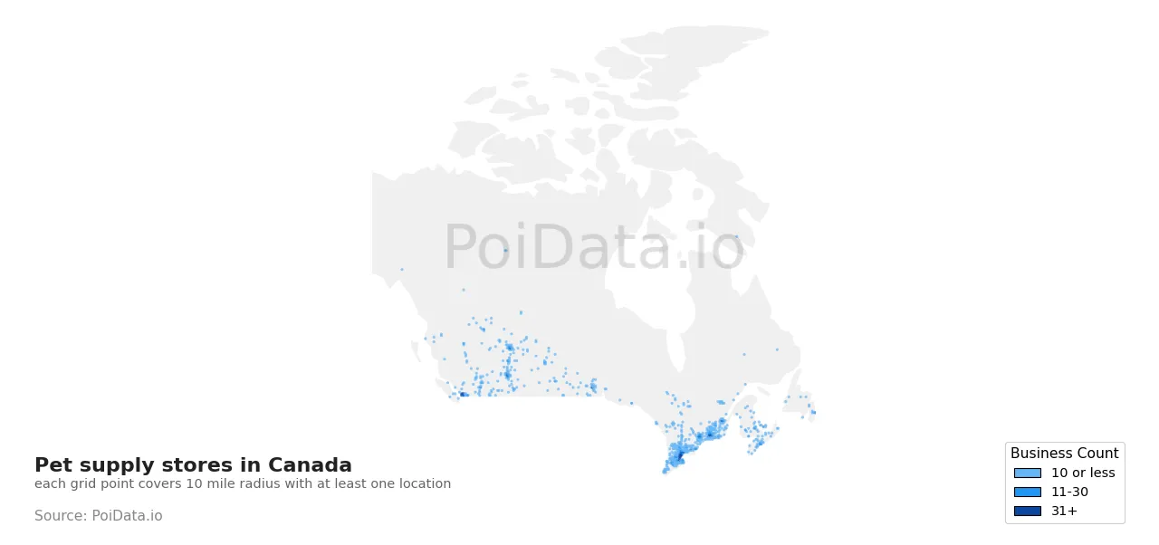 Pet supply store density map for Canada