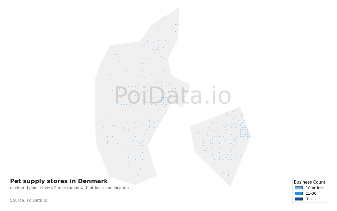 Pet supply store density map for Denmark
