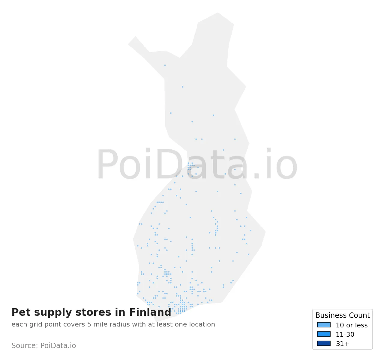 Pet supply store density map for Finland