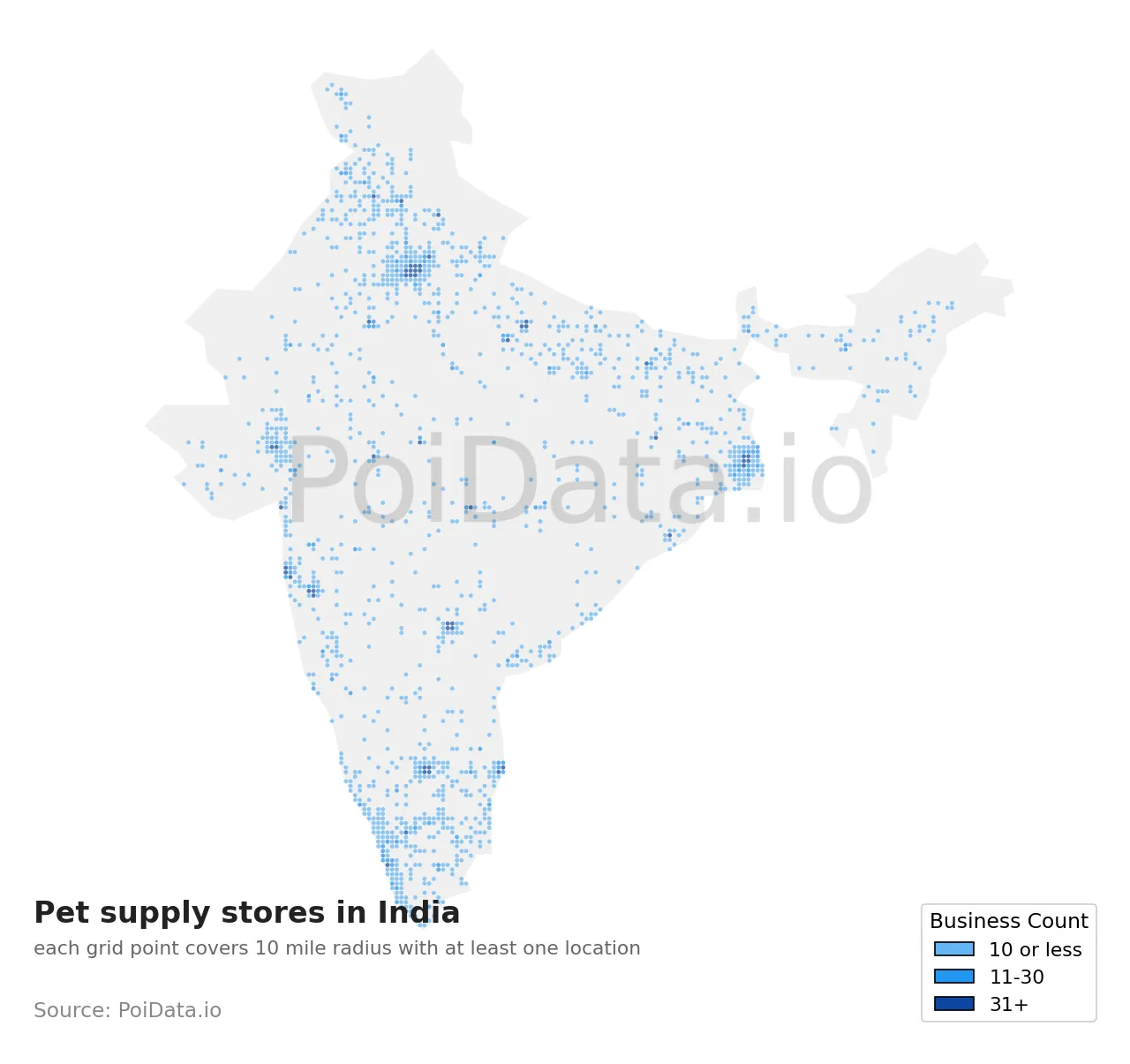 Pet supply store density map for India