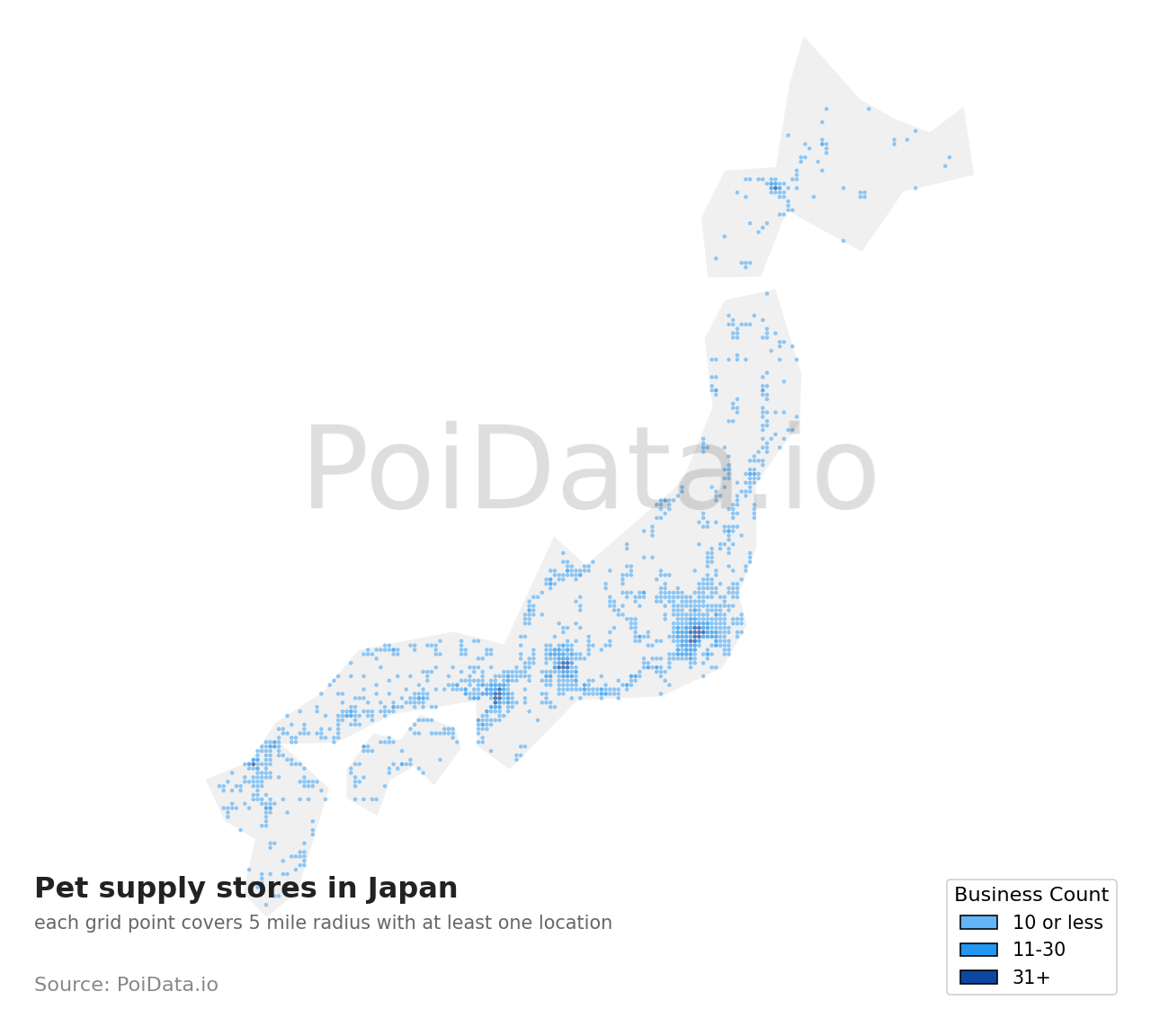 Pet supply store density map for Japan