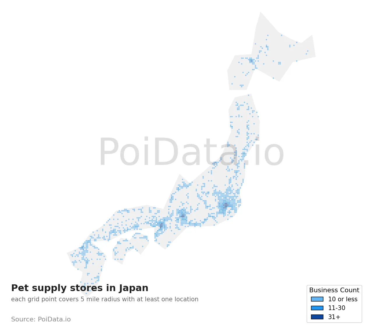 Pet supply store density map for Japan