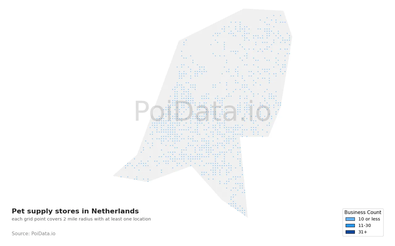 Pet supply store density map for Netherlands