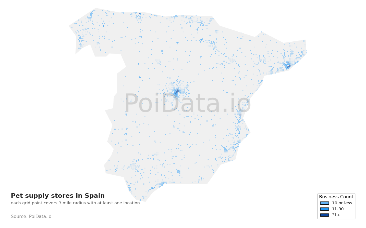 Pet supply store density map for Spain
