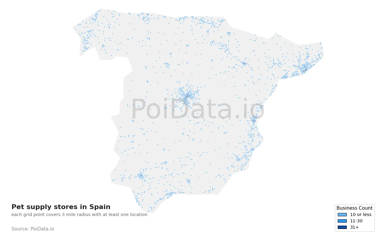 Pet supply store density map for Spain