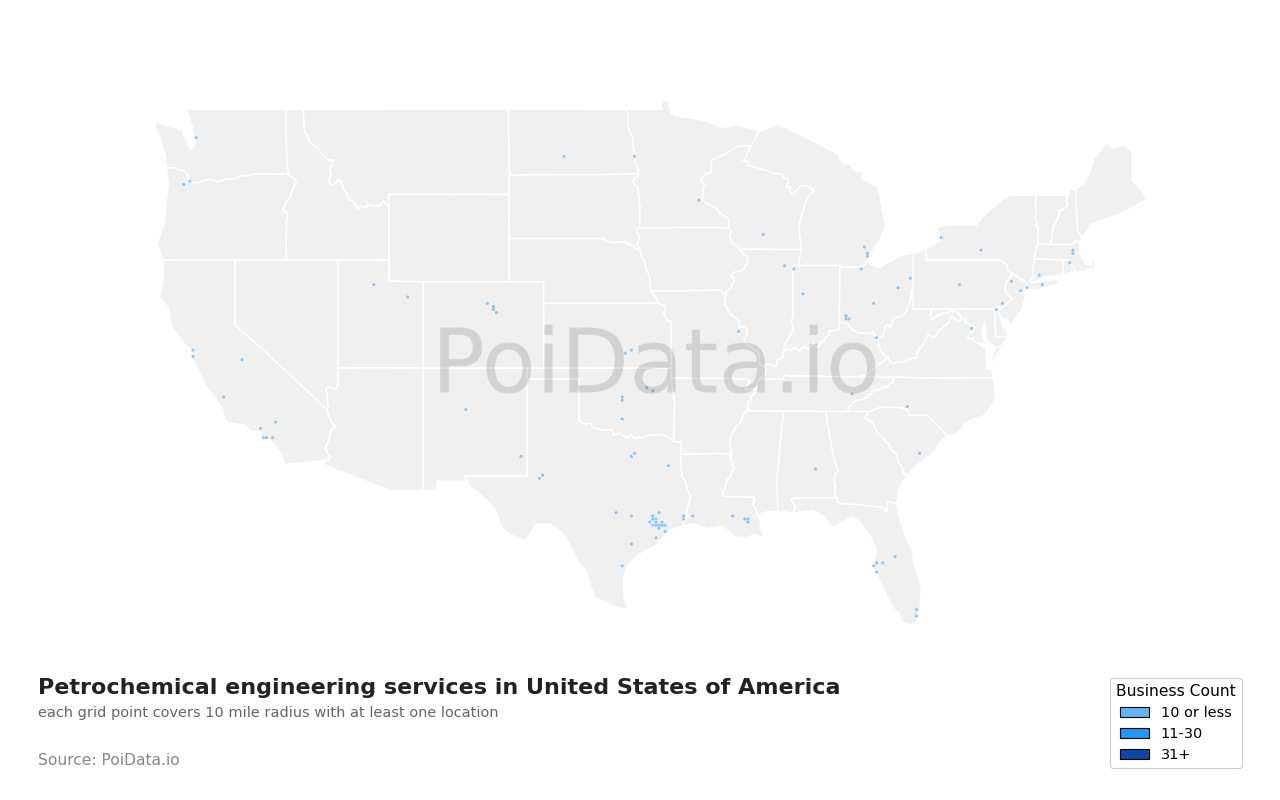 Petrochemical engineering service density map for Louisiana, United States