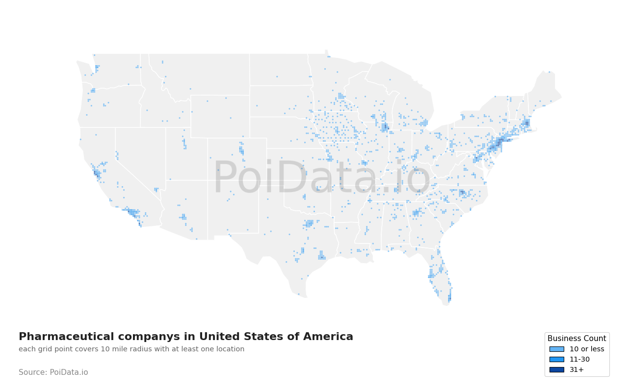 Pharmaceutical company density map for United States