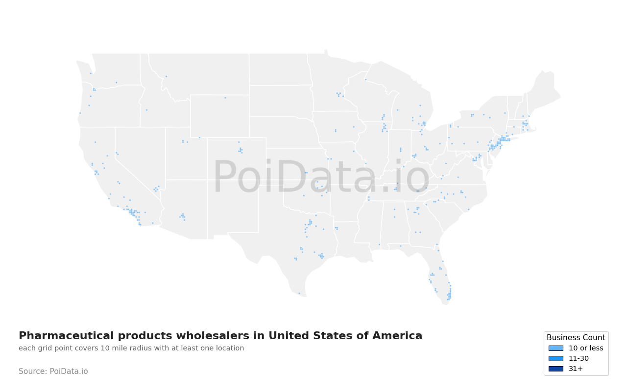 Pharmaceutical products wholesaler density map for New York, United States