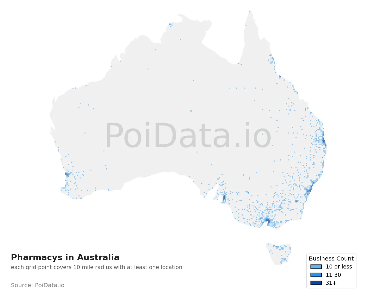 Pharmacy density map for Australia