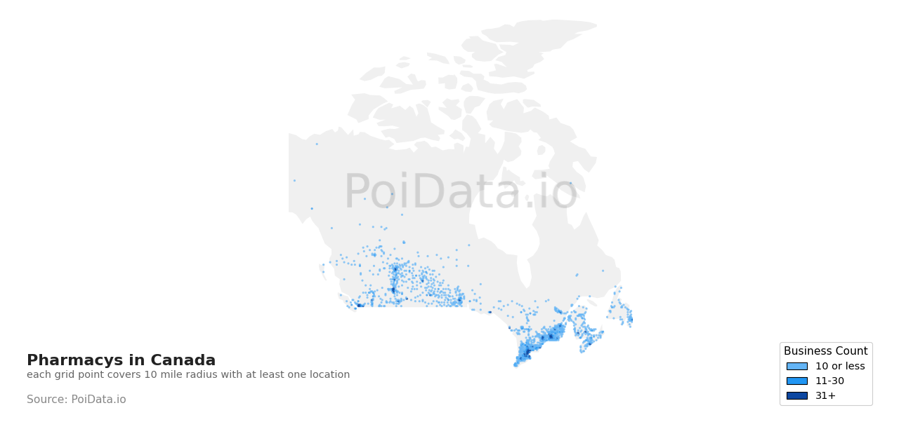Pharmacy density map for Canada