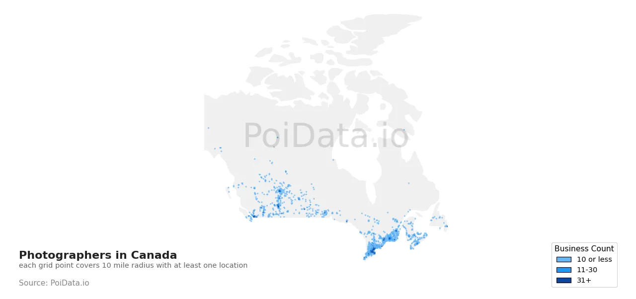 Photographer density map for Canada