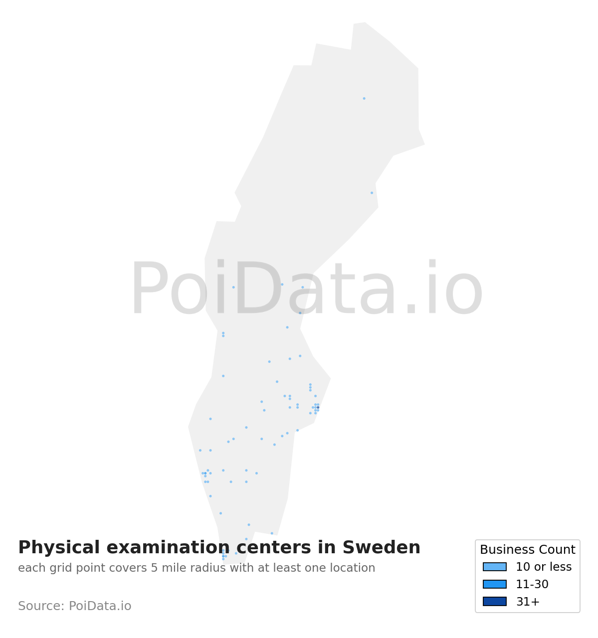 Physical examination center density map for Sweden