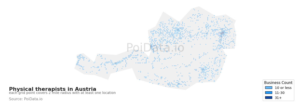 Physical therapist density map for Austria