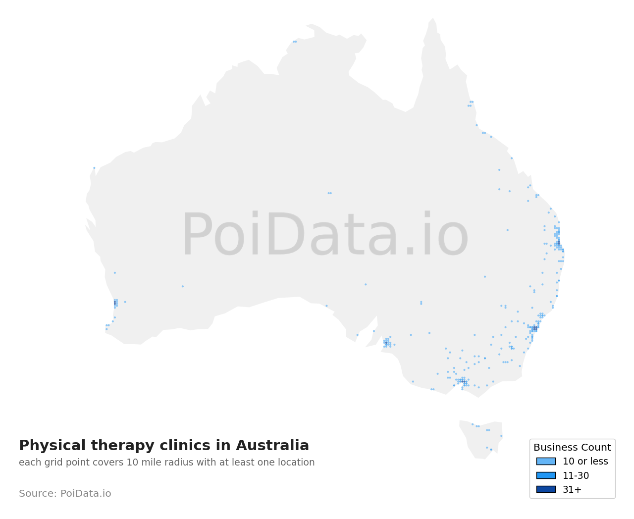 Physical therapy clinic density map for Australia