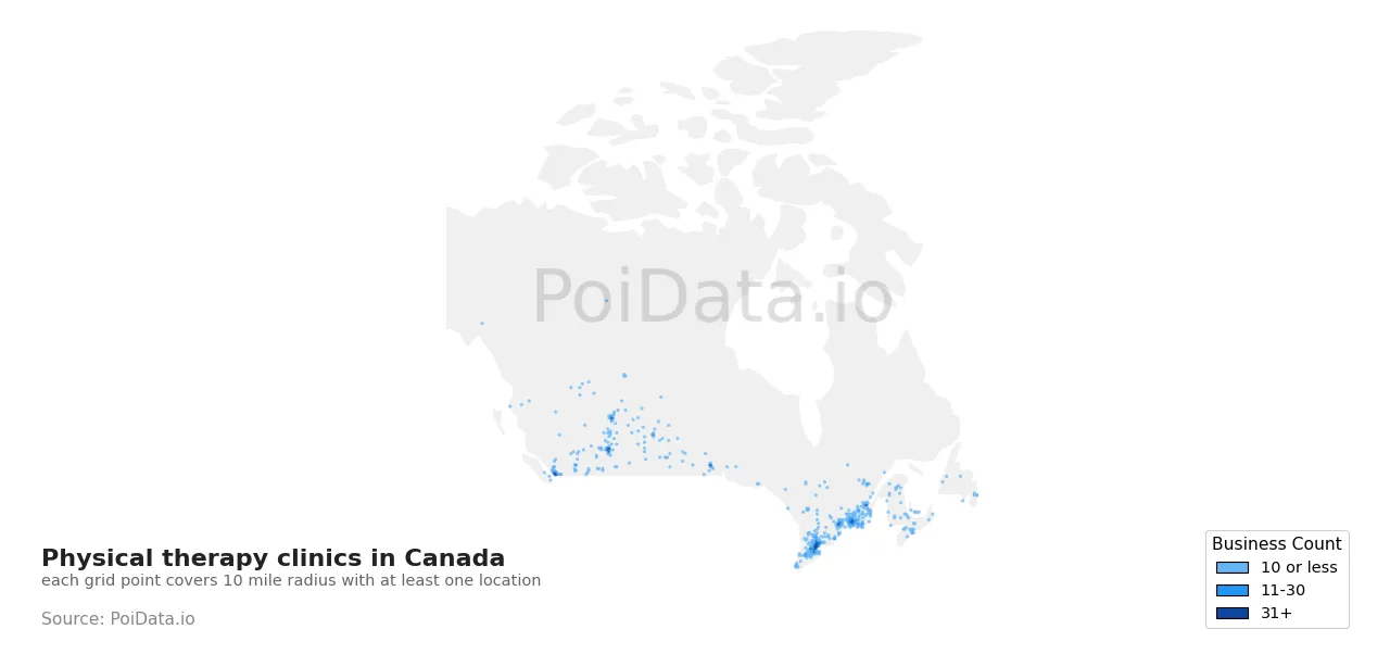 Physical therapy clinic density map for Canada