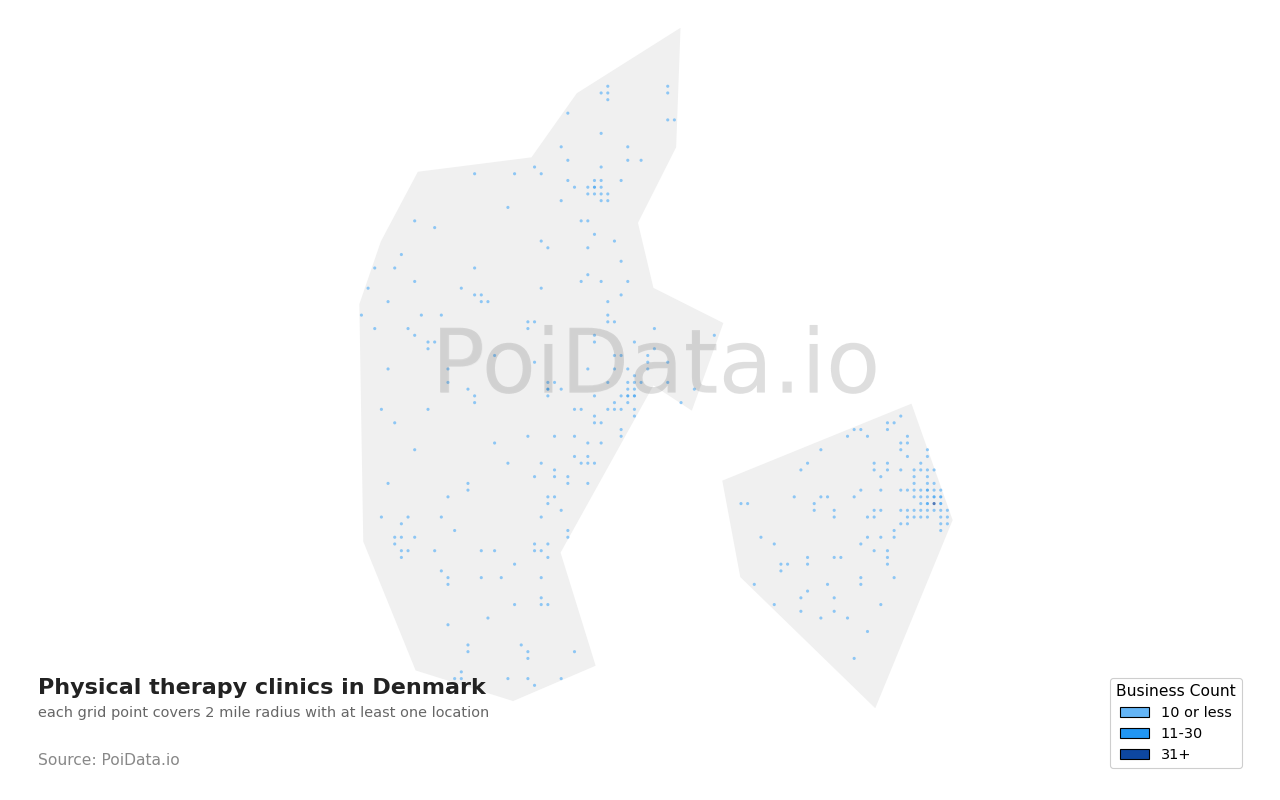 Physical therapy clinic density map for Denmark