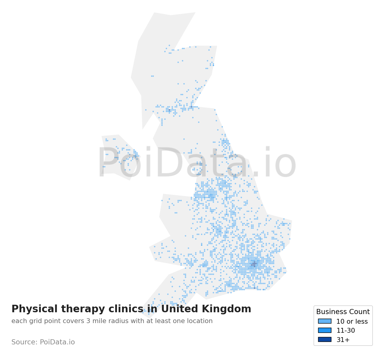 Physical therapy clinic density map for United Kingdom