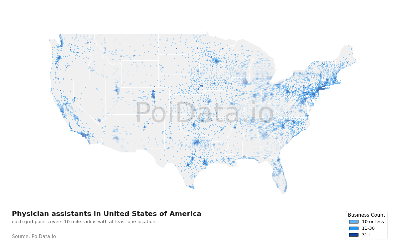 Physician assistant density map for Massachusetts, United States