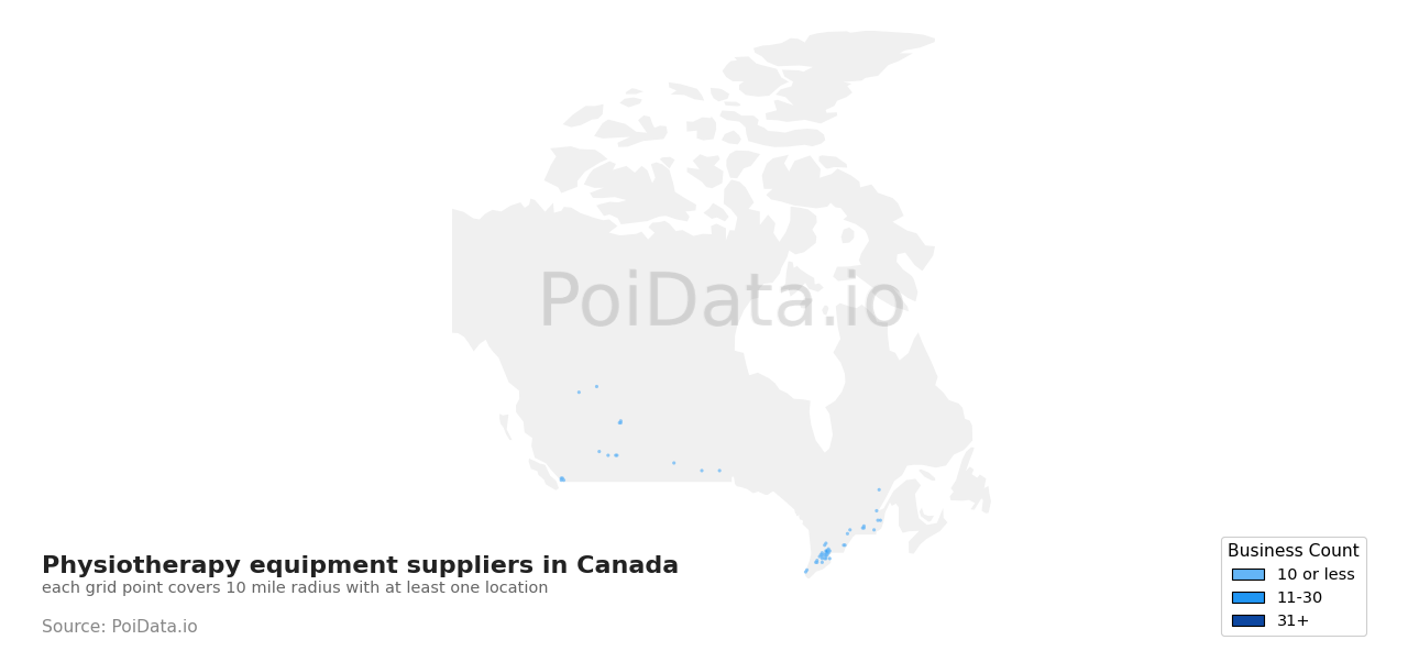 Physiotherapy equipment supplier density map for Canada