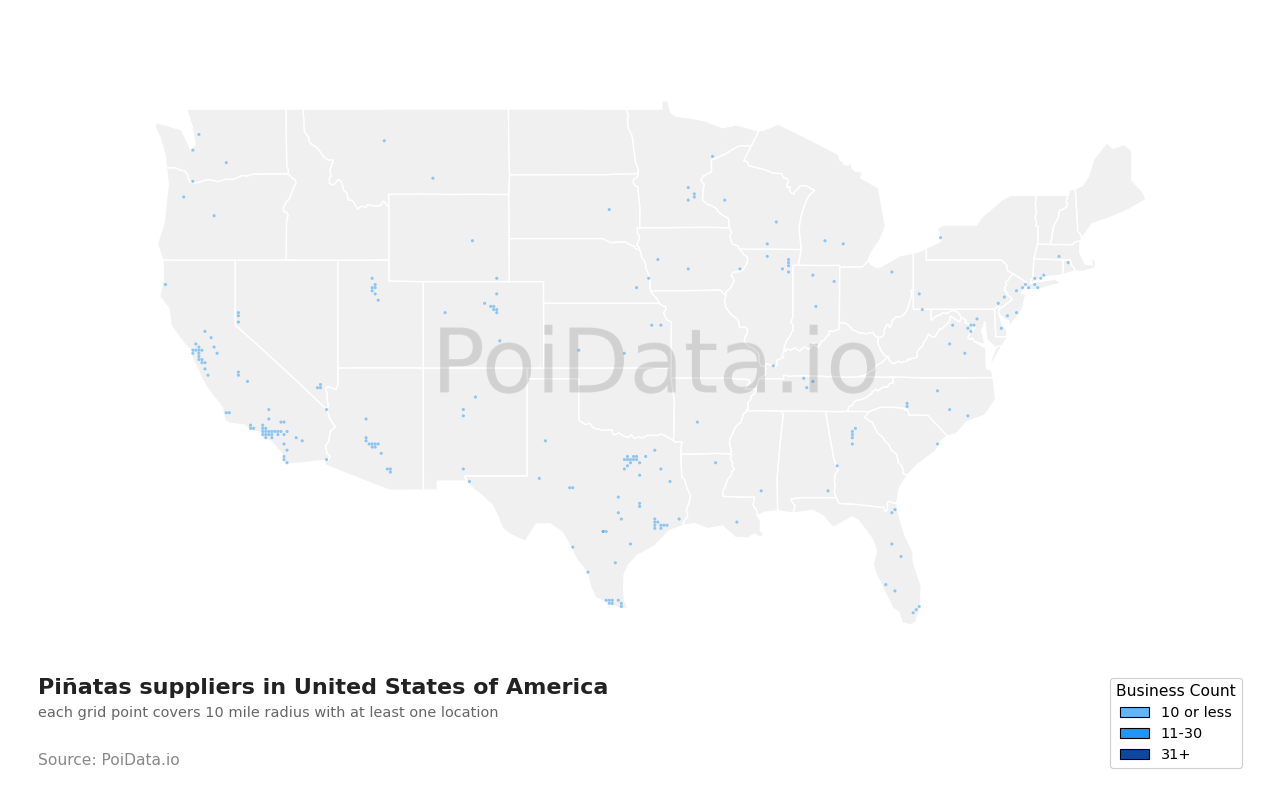 Piñatas supplier density map for Arizona, United States