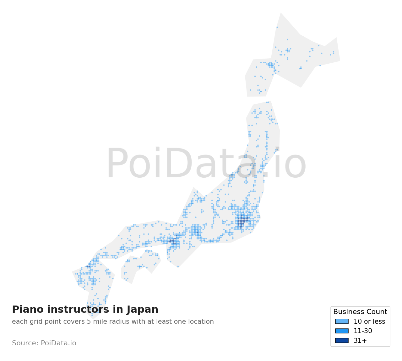Piano instructor density map for Osaka, Japan