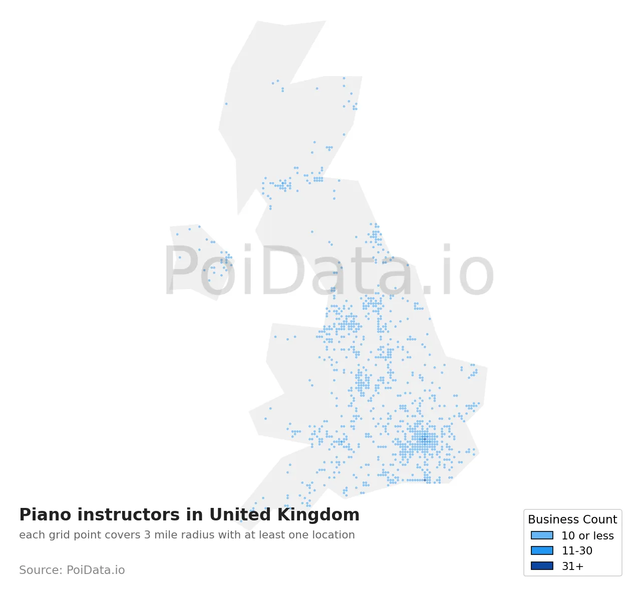 Piano instructor density map for United Kingdom