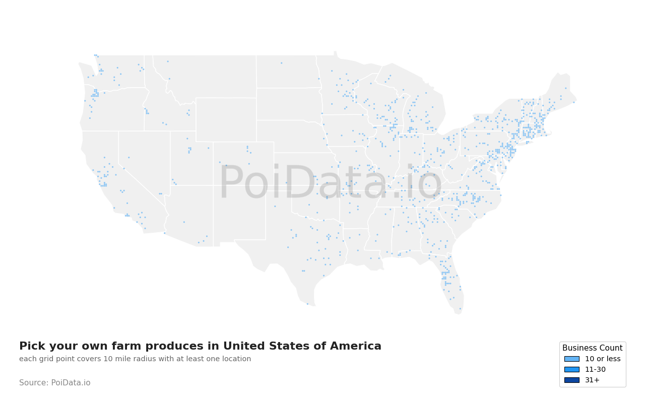 Pick your own farm produce density map for Tennessee, United States