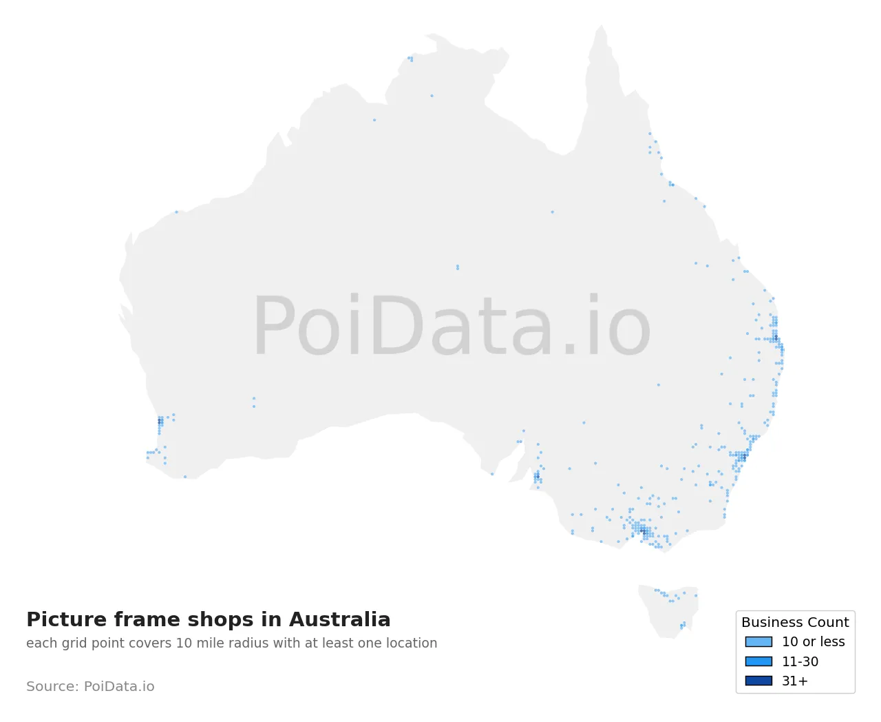 Picture frame shop density map for Australia