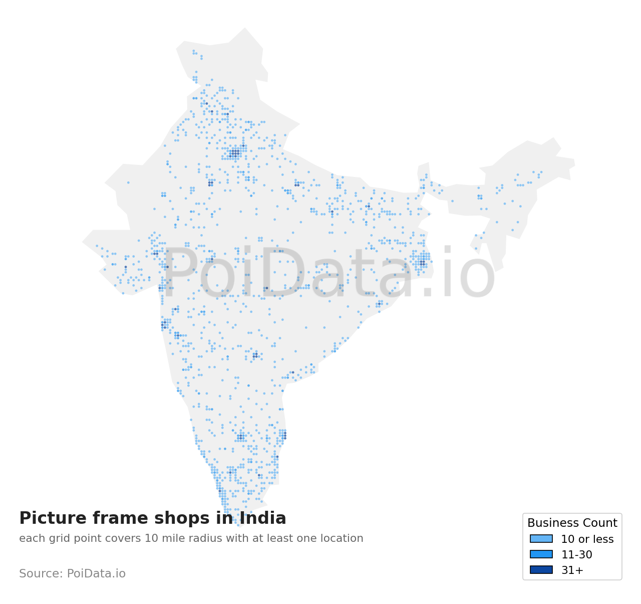 Picture frame shop density map for India