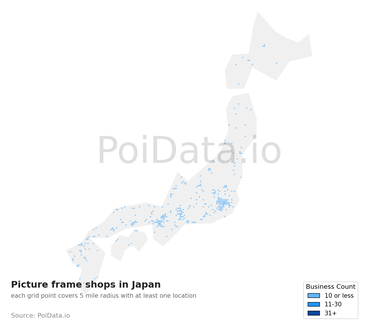 Picture frame shop density map for Japan