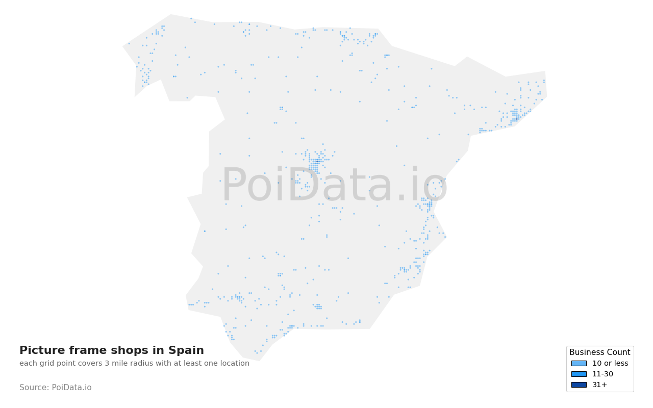 Picture frame shop density map for Spain