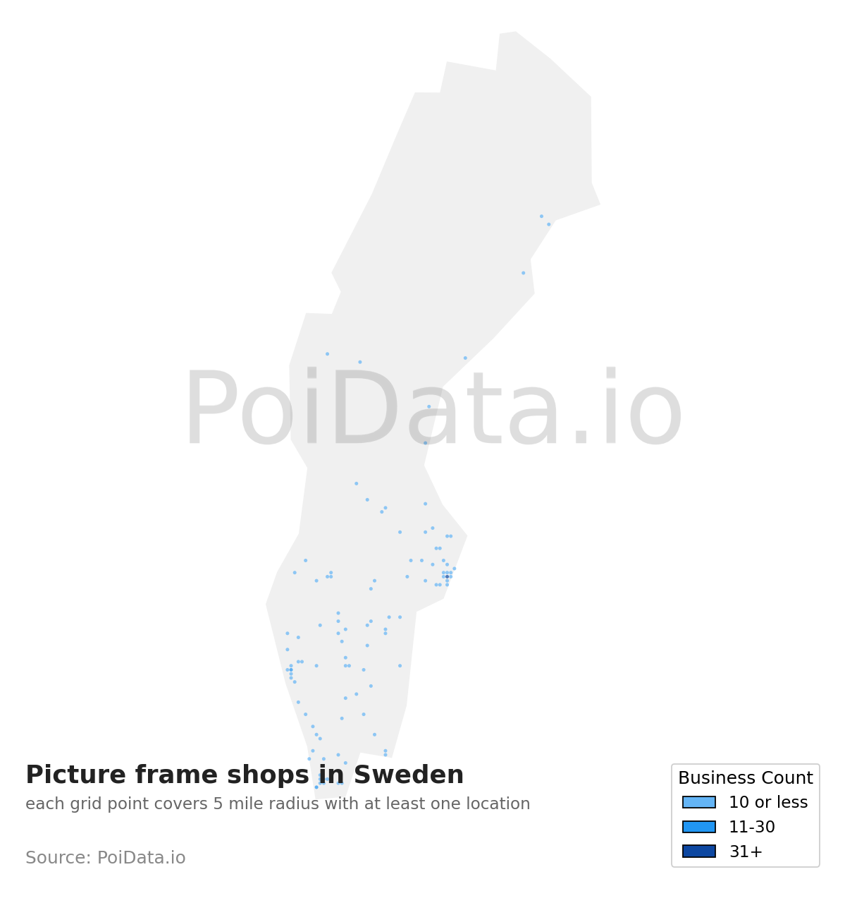 Picture frame shop density map for Sweden