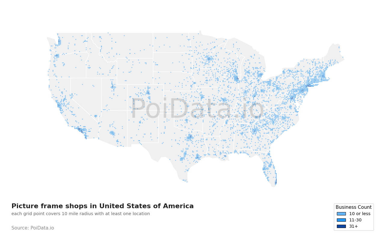 Picture frame shop density map for United States