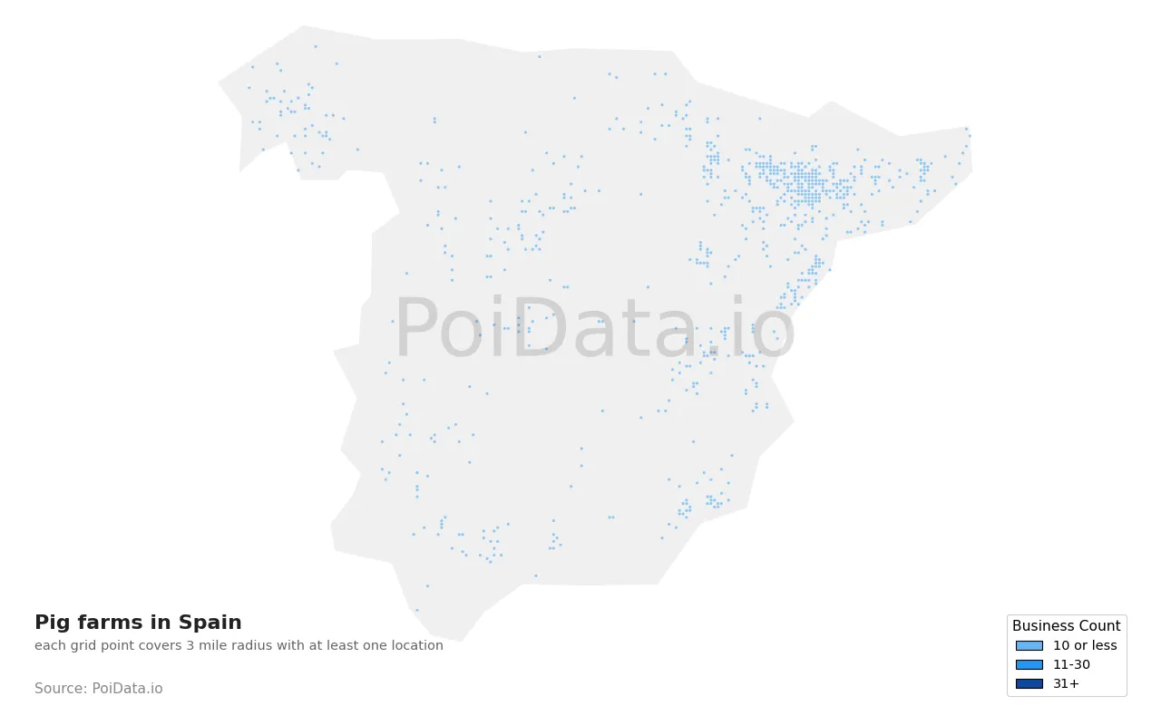 Pig farm density map for Spain