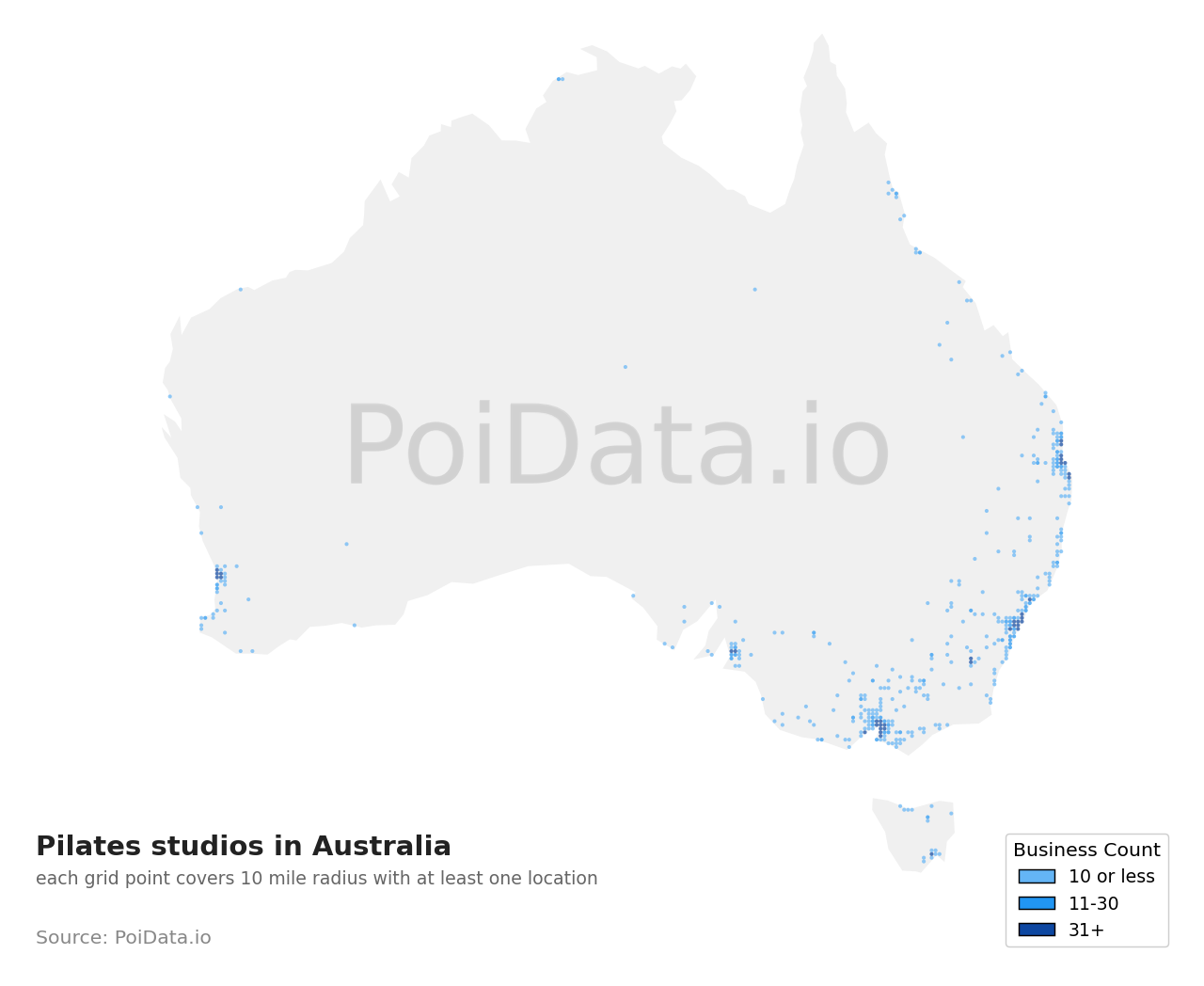 Pilates studio density map for Australia
