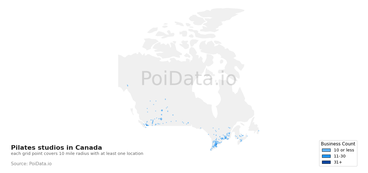 Pilates studio density map for Canada