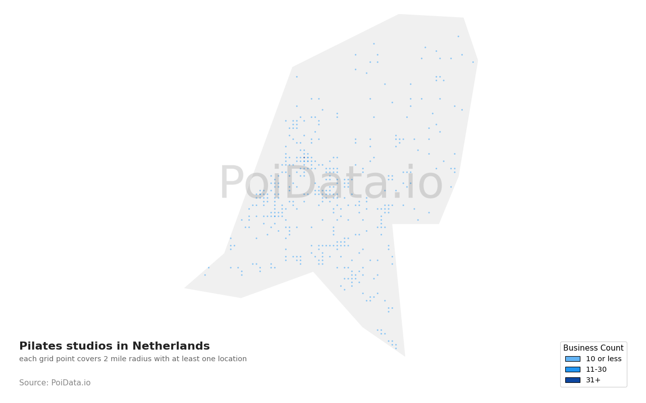 Pilates studio density map for Netherlands