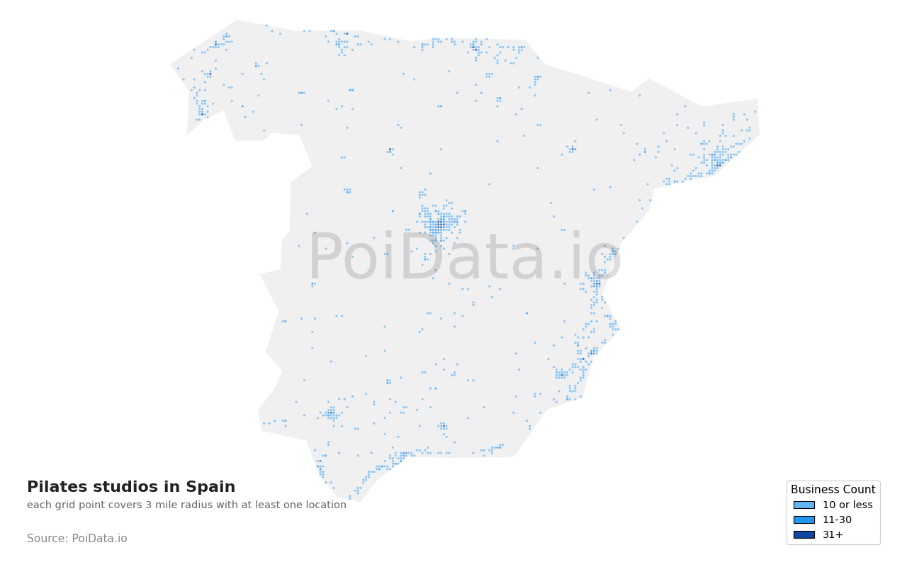 Pilates studio density map for Spain