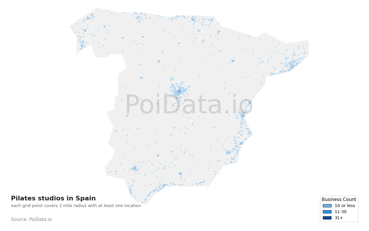 Pilates studio density map for Spain