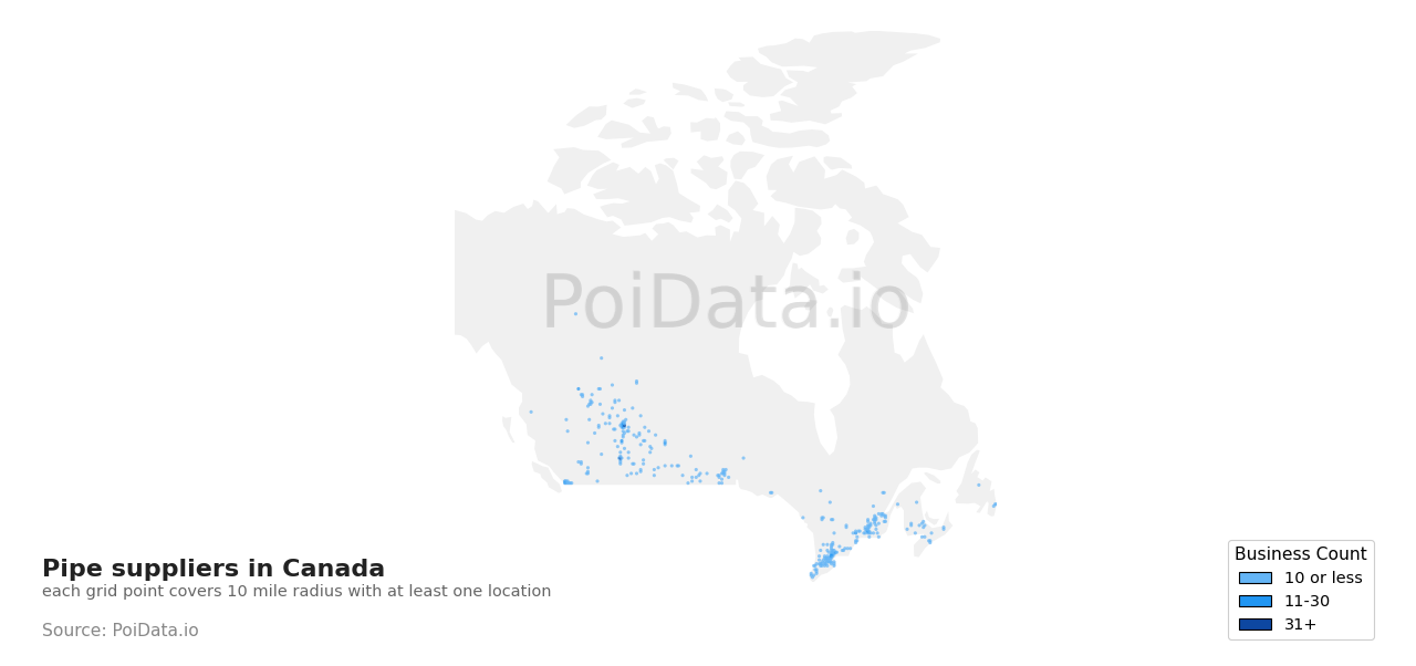 Pipe supplier density map for British Columbia, Canada