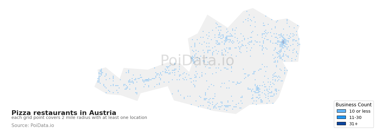 Pizza restaurant density map for Austria