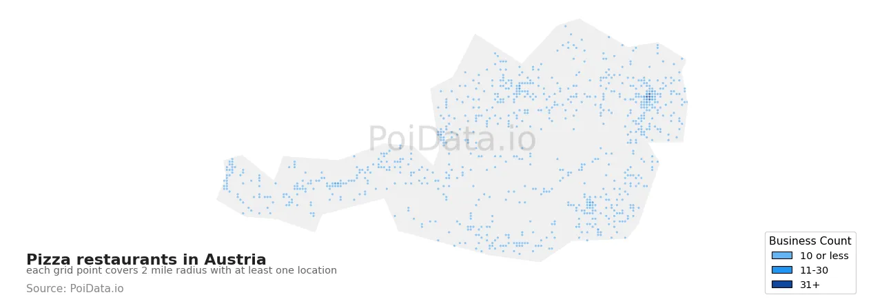 Pizza restaurant density map for Austria