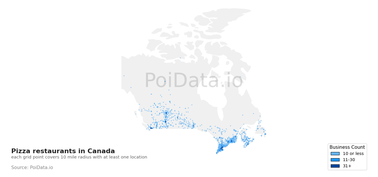 Pizza restaurant density map for Canada